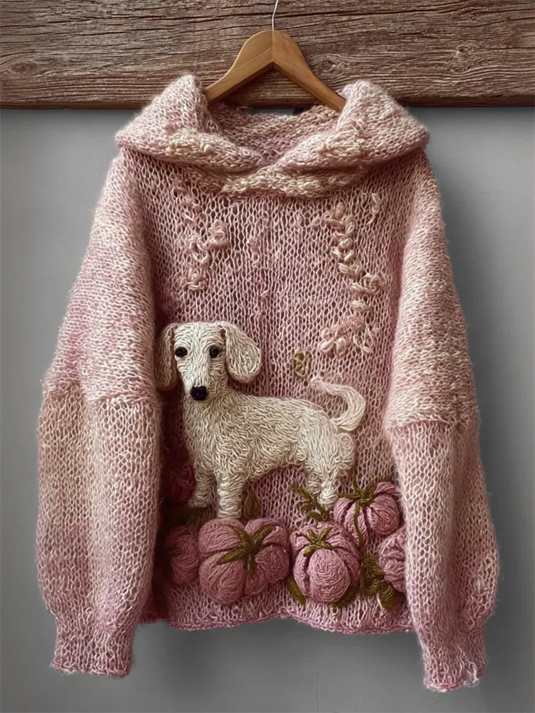 Lovely Dachshund Dog & Pink Pumpkins Cozy Fuzzy Hooded Sweater