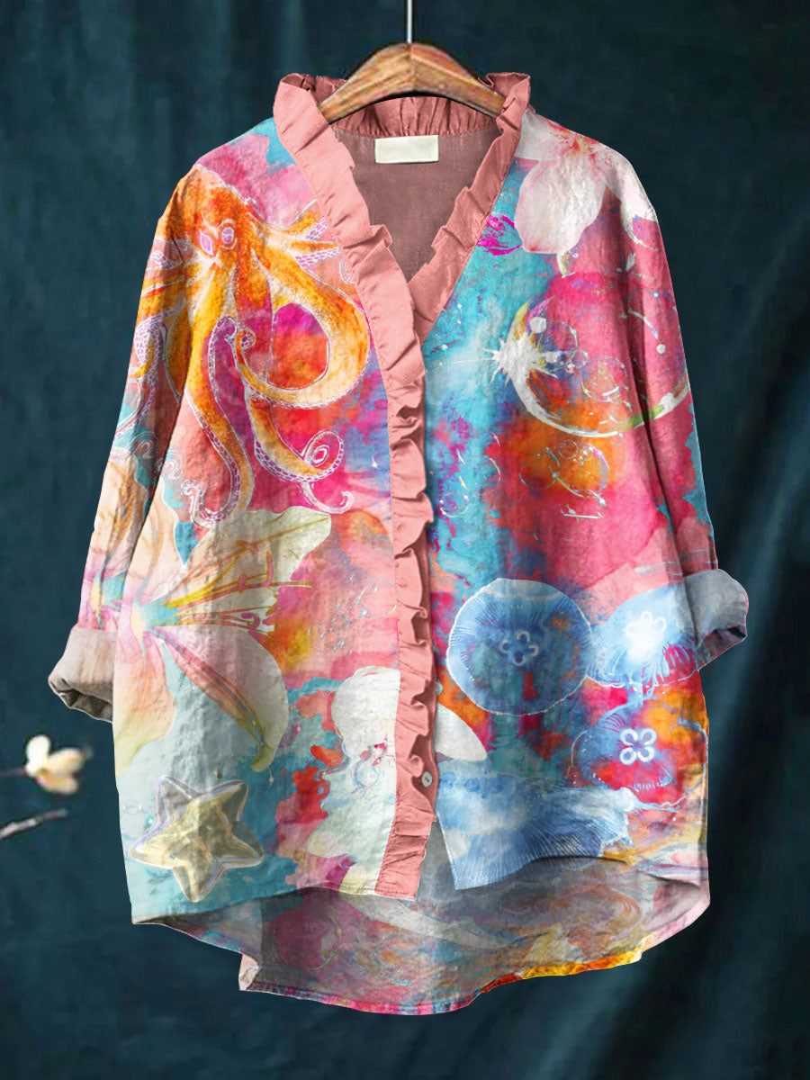 Vintage Floral Art Print Casual Cotton & Linen Ruffle Shirt