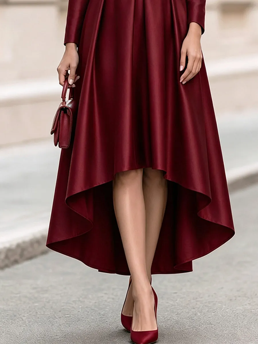 Burgundy Fold Over Collar Long-Sleeve High Low Midi Swing Dress