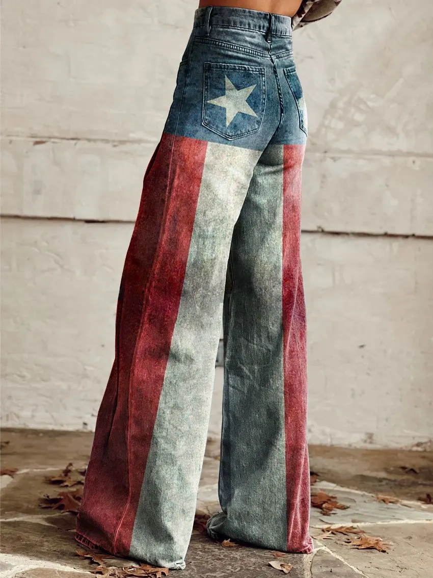 Vintage Print Casual Wide-Leg Pants
