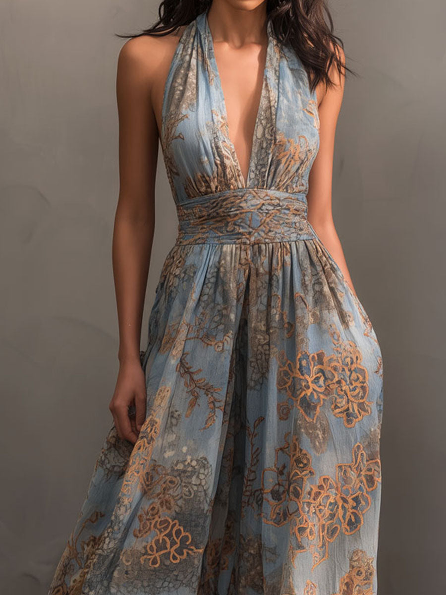 Deep V-Neck Dusty Blue And Bronze Halter Chiffon Maxi Dress
