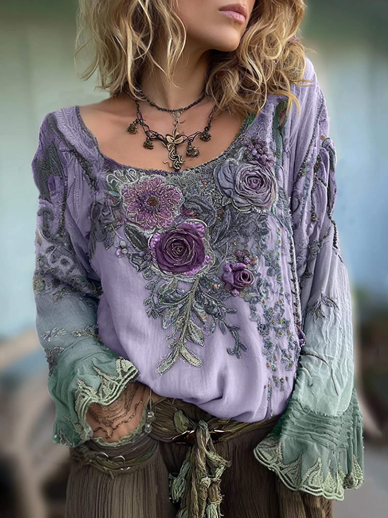 Vintage Purple Lavender And Floral Embroidered Long Sleeve Shirt