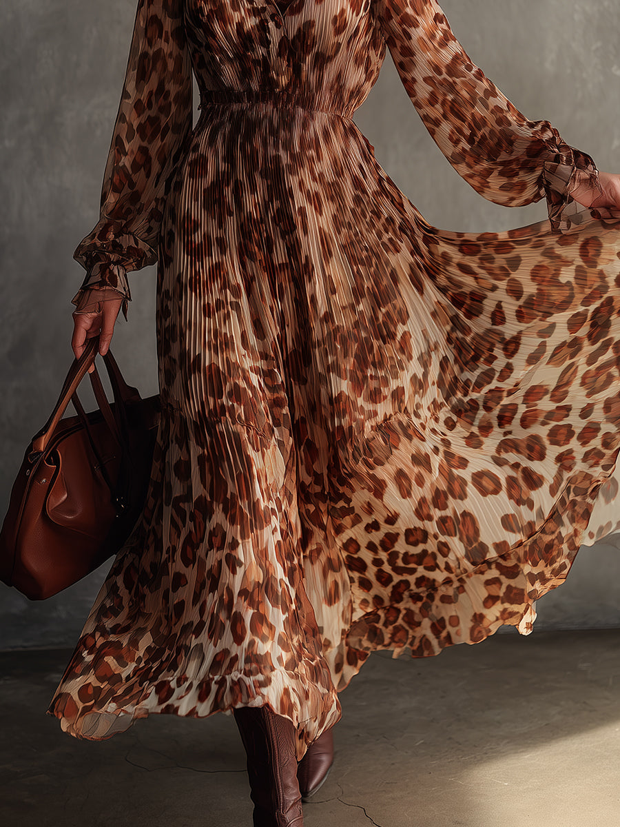 Bohemian Leopard Print Pleated Chiffon Maxi Dress