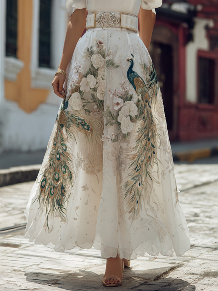 Elegant Floral With Peacock Art Linen Blend Casual Maxii Skirt