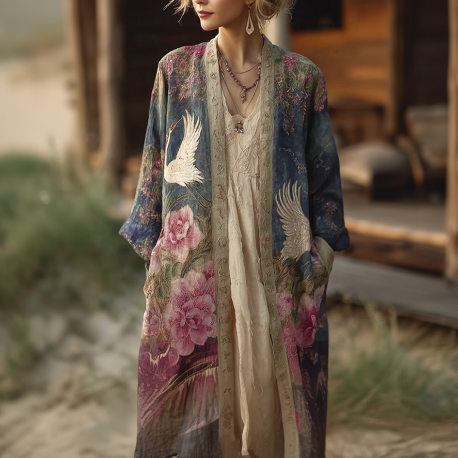 Japanese Art Retro Style Plant Flower & Crane Pattern Women's Cotton & Linen Cardigan