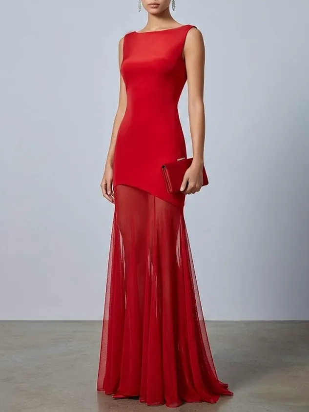 Red Classic Boat Neck Sleeveless Mermaid Floor-length Gown