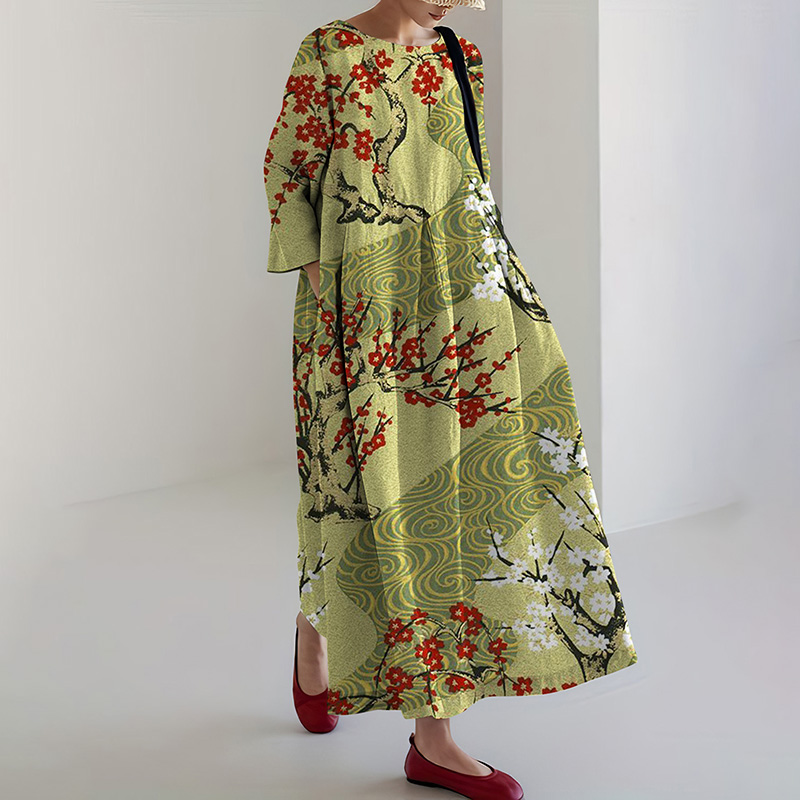 Japanese Cherry Blossom Print Loose Midi Dress