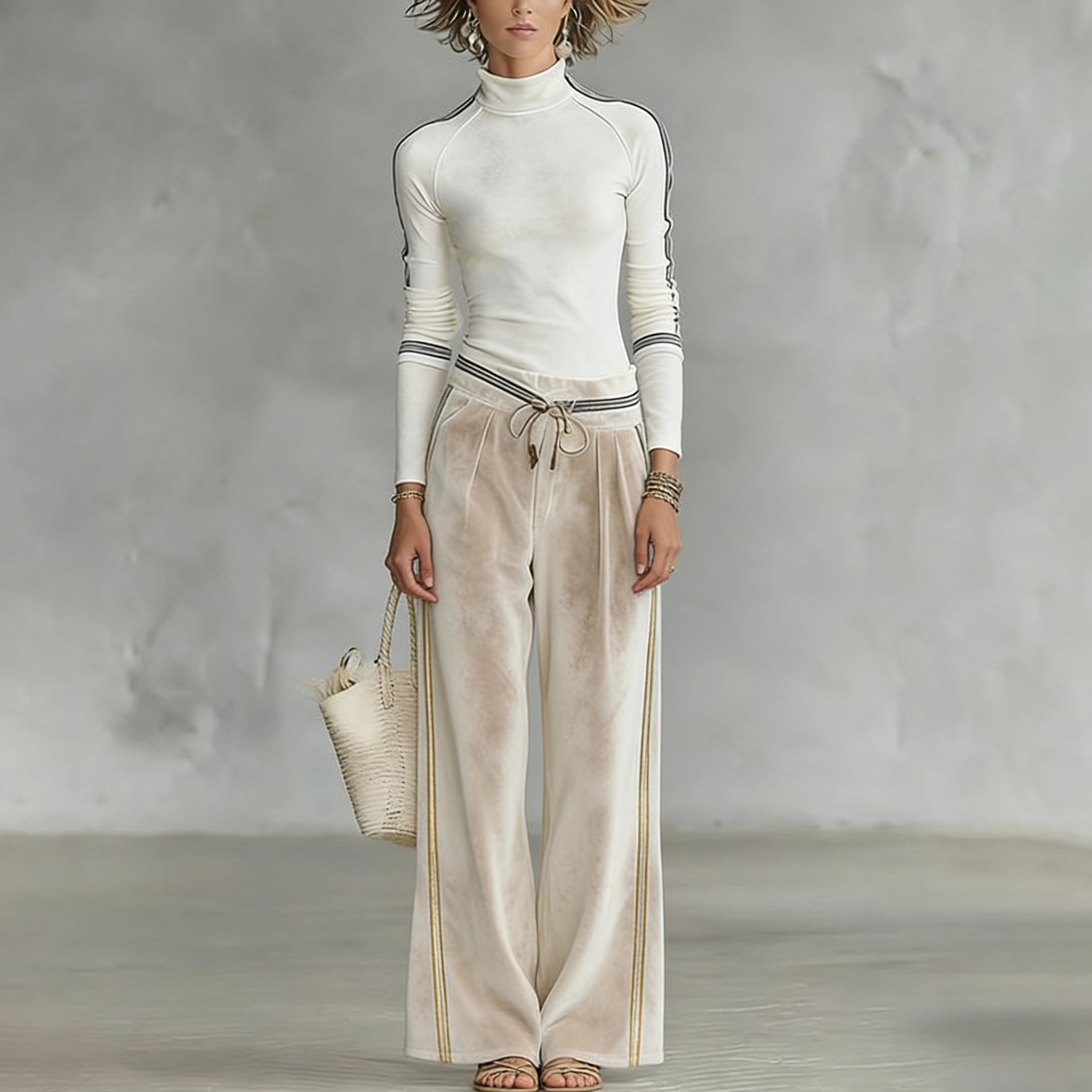 Women’s Velour Sports Co-Ord Set — Half-High-Neck Long Sleeve Top & Drawstring Wide-Leg Pants