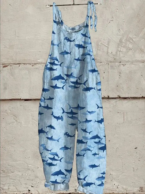 Petite Shark Pattern Printed Women's Casual Wide-Leg Jumpsuit