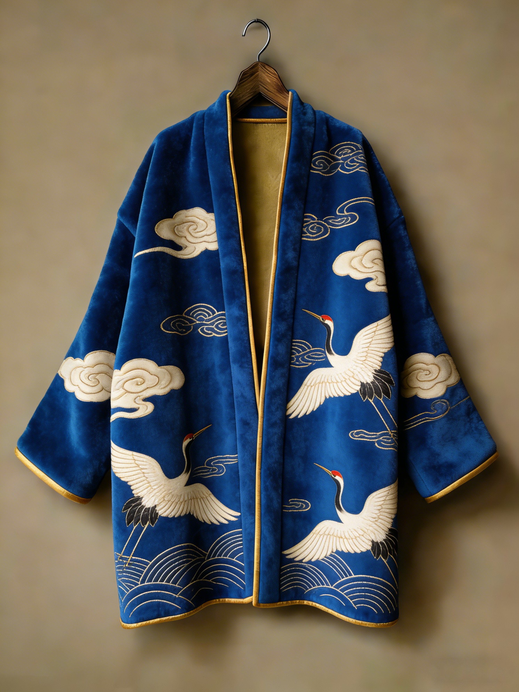 Oriental aesthetic printed flannel embroidered medium and long kimono cardigan