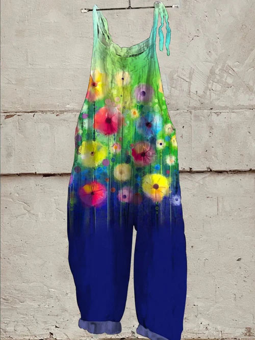 Vibrant Summer Floral Garden Printed Women's Casual Wide-Leg Jumpsuit