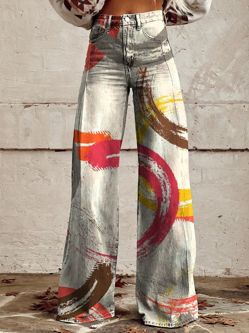 Vintage Print Casual Wide-Leg Pants