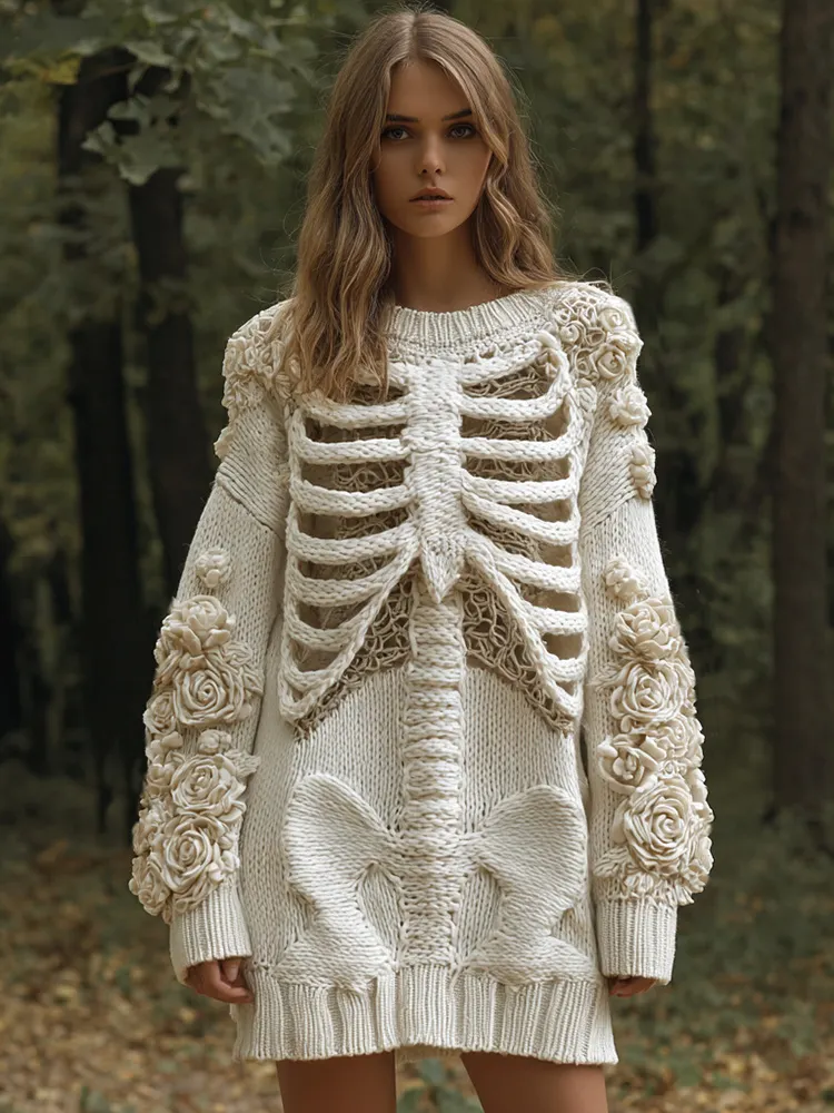 Women's Vintage Skull Rose Comfortable Elegant Sweater Dress