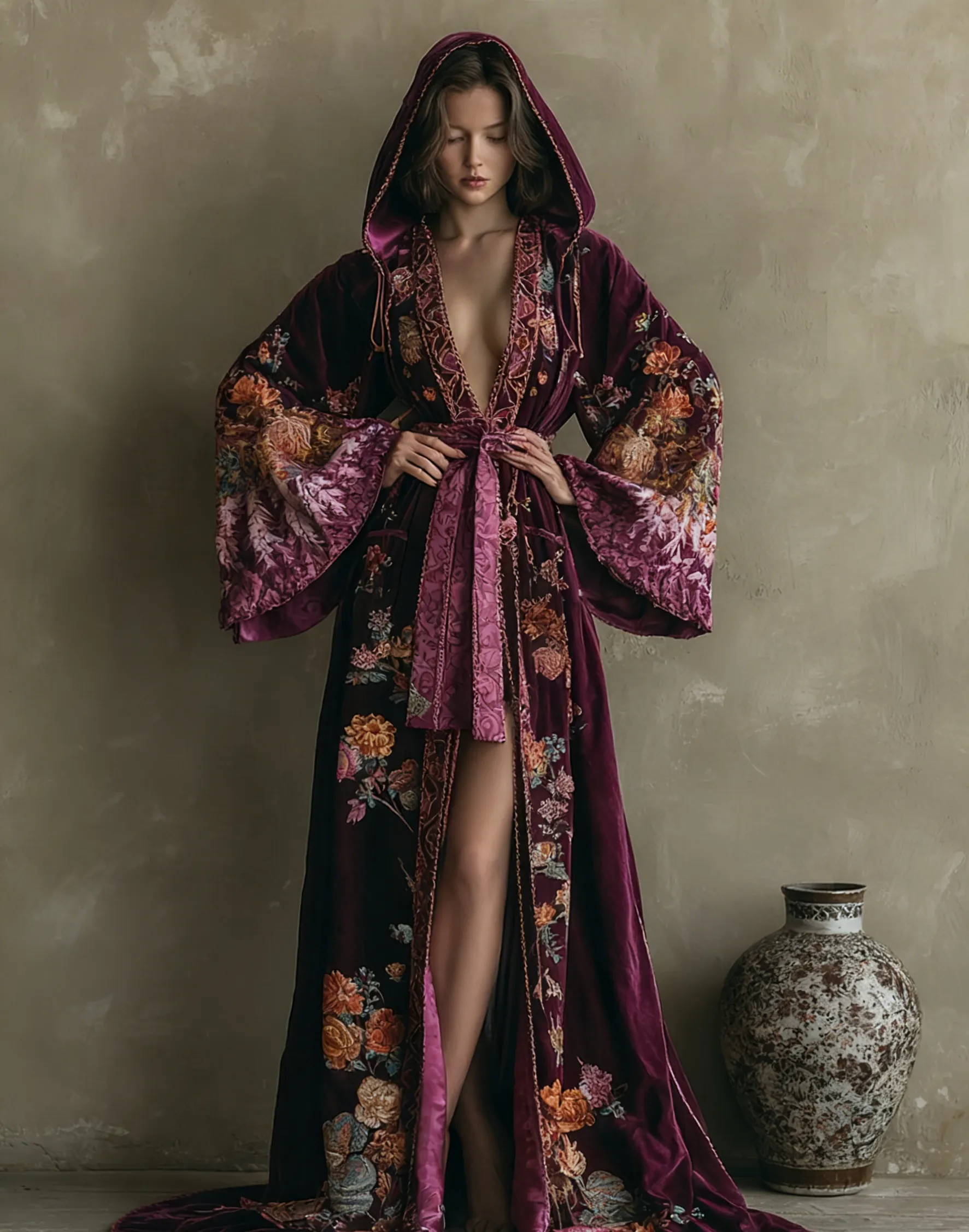 Women's Vintage Ornate Slim-fit Hooded Robe (belt Included)