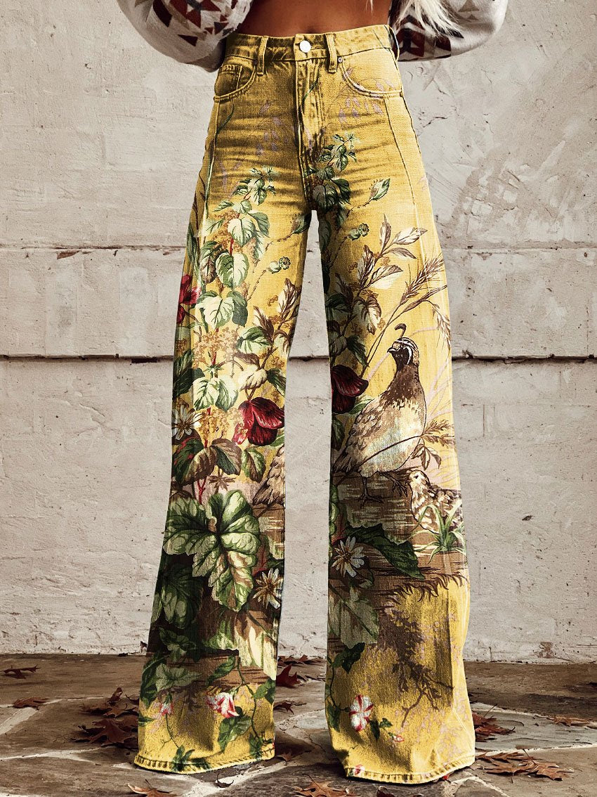 Vintage Print Casual Wide-Leg Pants