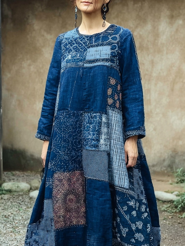 Vintage Japanese Sashiko Art Round Neck Maxi Dress