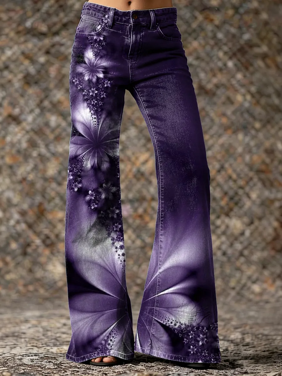 Vintage Purple Gradient Floral Art Printed Casual Slim Flared Pants