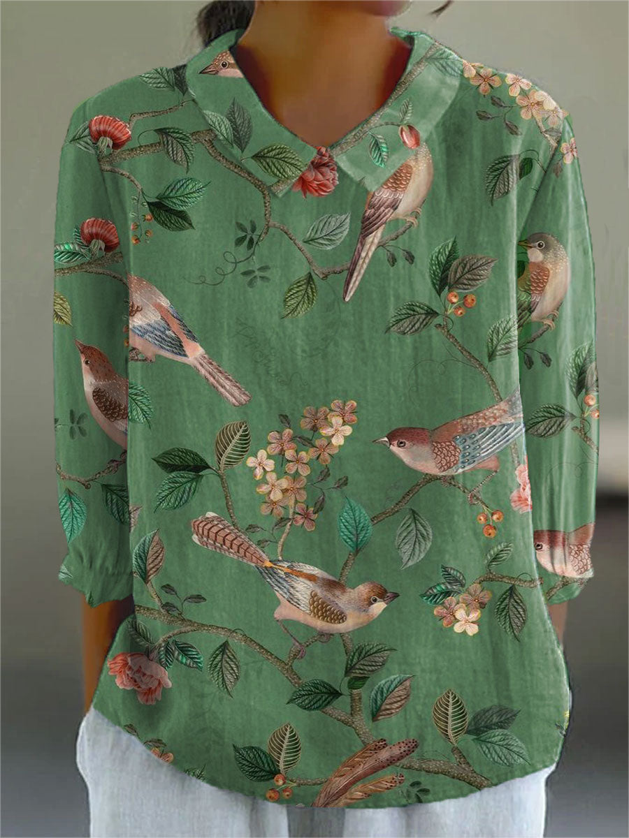 Vintage Flowers Art Print Casual Cotton & Linen 3/4 Sleeve Shirt