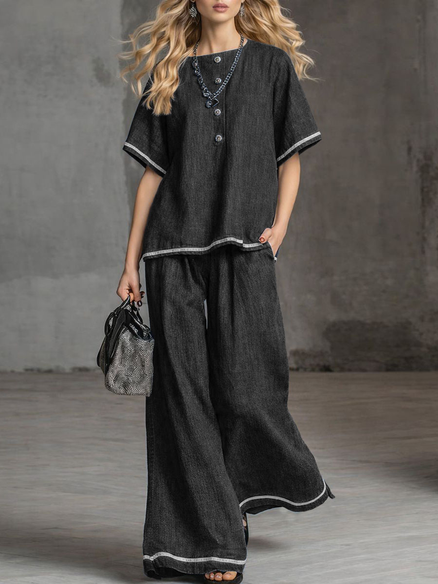 Round Neck Short-sleeved Casual Loose Denim Top & High-waisted Wide-leg Denim Pants Set