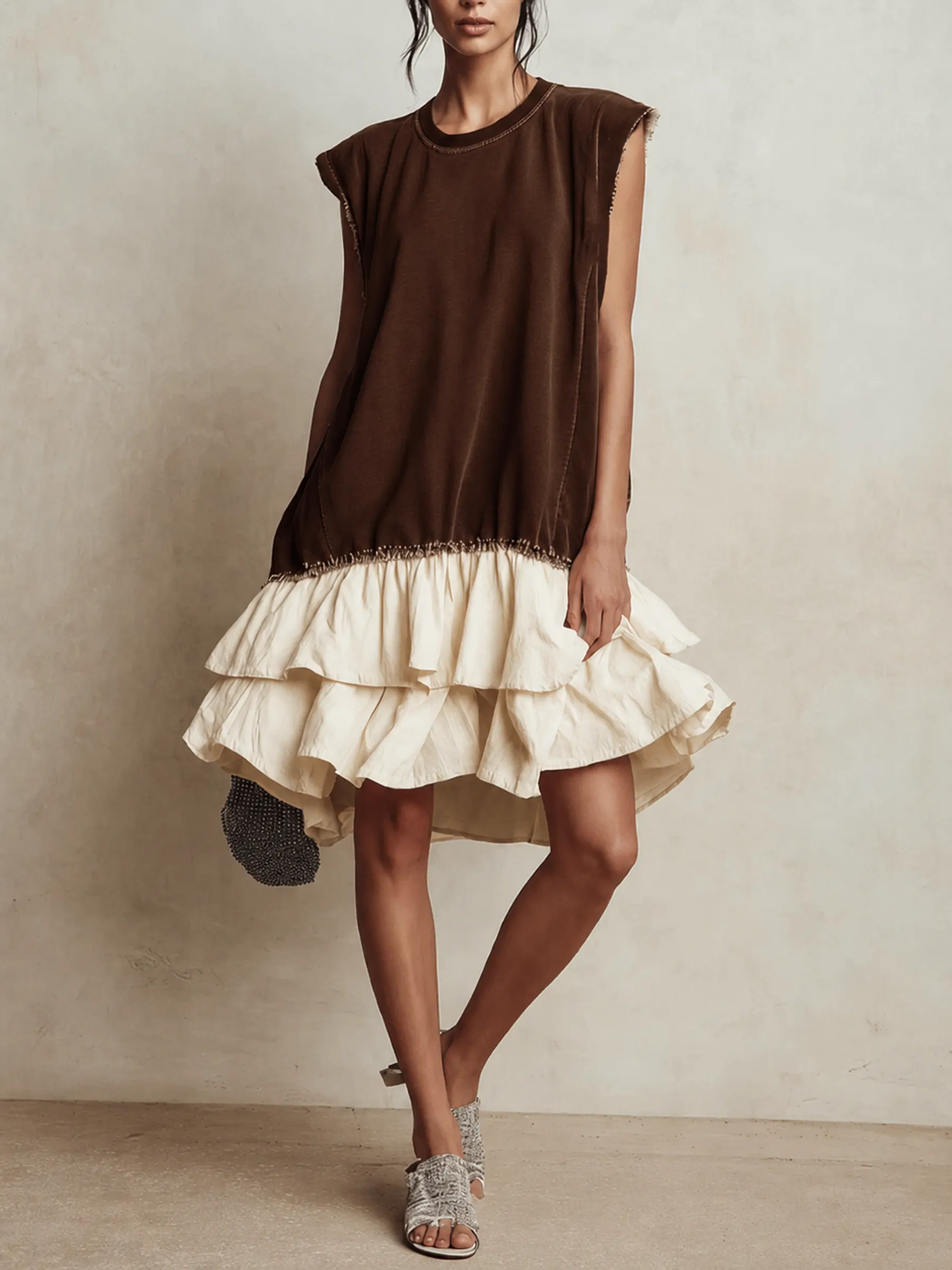 Contrast Raw Edge Tiered Hem Sleeveless Mini Dress Color Block Casual Loose Fit Vacation Dress