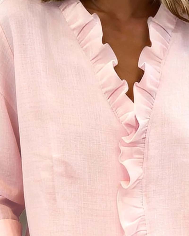 Ruffled Blouse with V-Neck & Long Sleeves