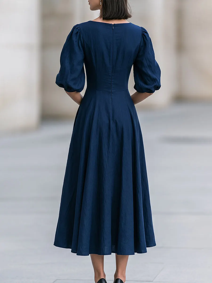 Navy Blue Sweetheart V-Neck Puff Sleeve Midi Swing Dress