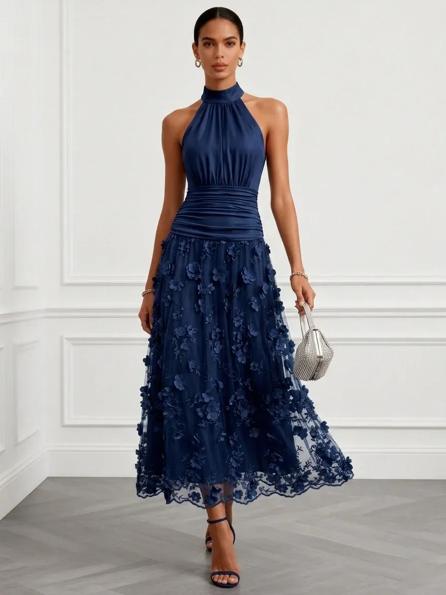 Purplish Blue 3D Floral Classic Halter Neck Sleeveless A-Line Maxi Dress