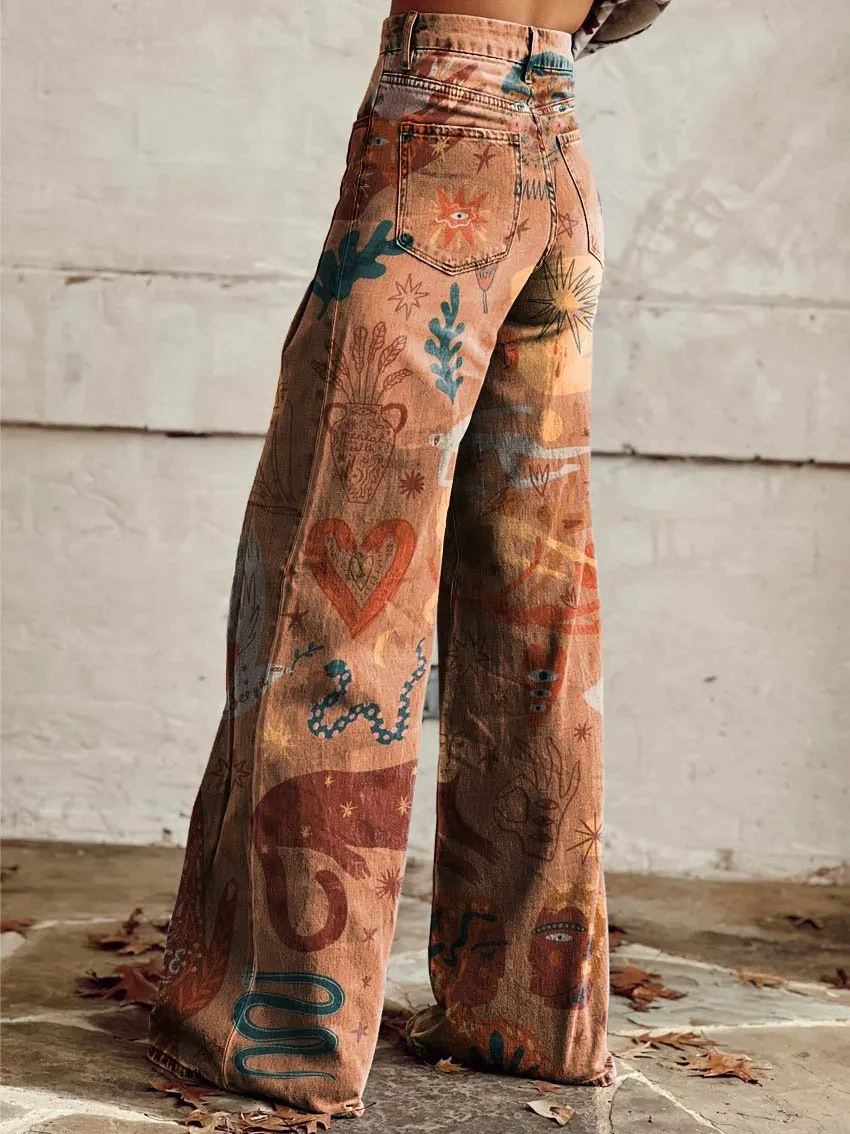 Cowboy Theme Print Casual Wide-Leg Pants
