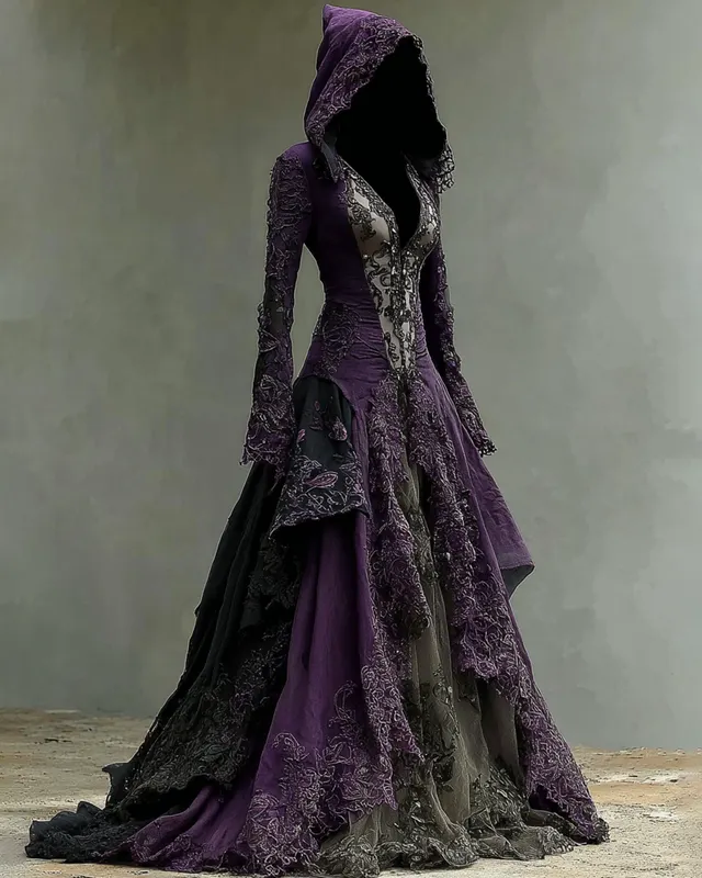Bohemian style Irregular Embroidered Lace Patchwork Hooded Linen Evening Dress e535