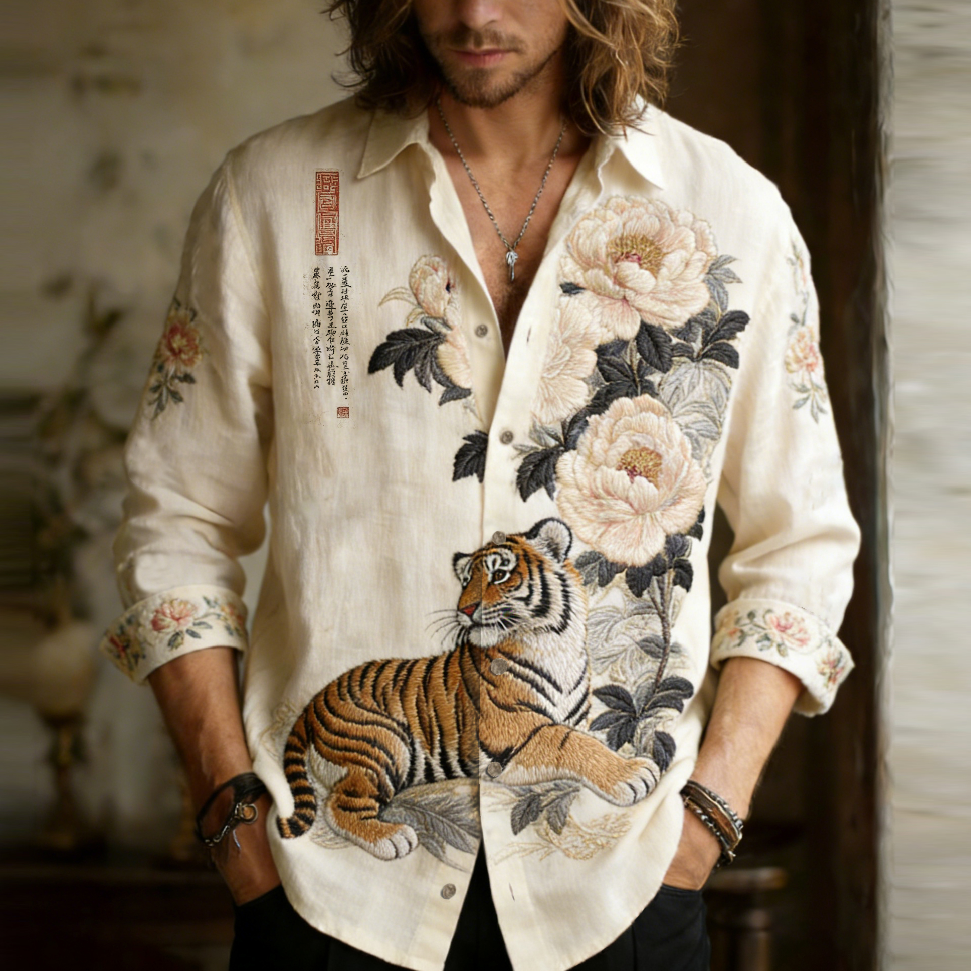 Men's Froal With Tiger Embroidery Painting Art Linen Shirt