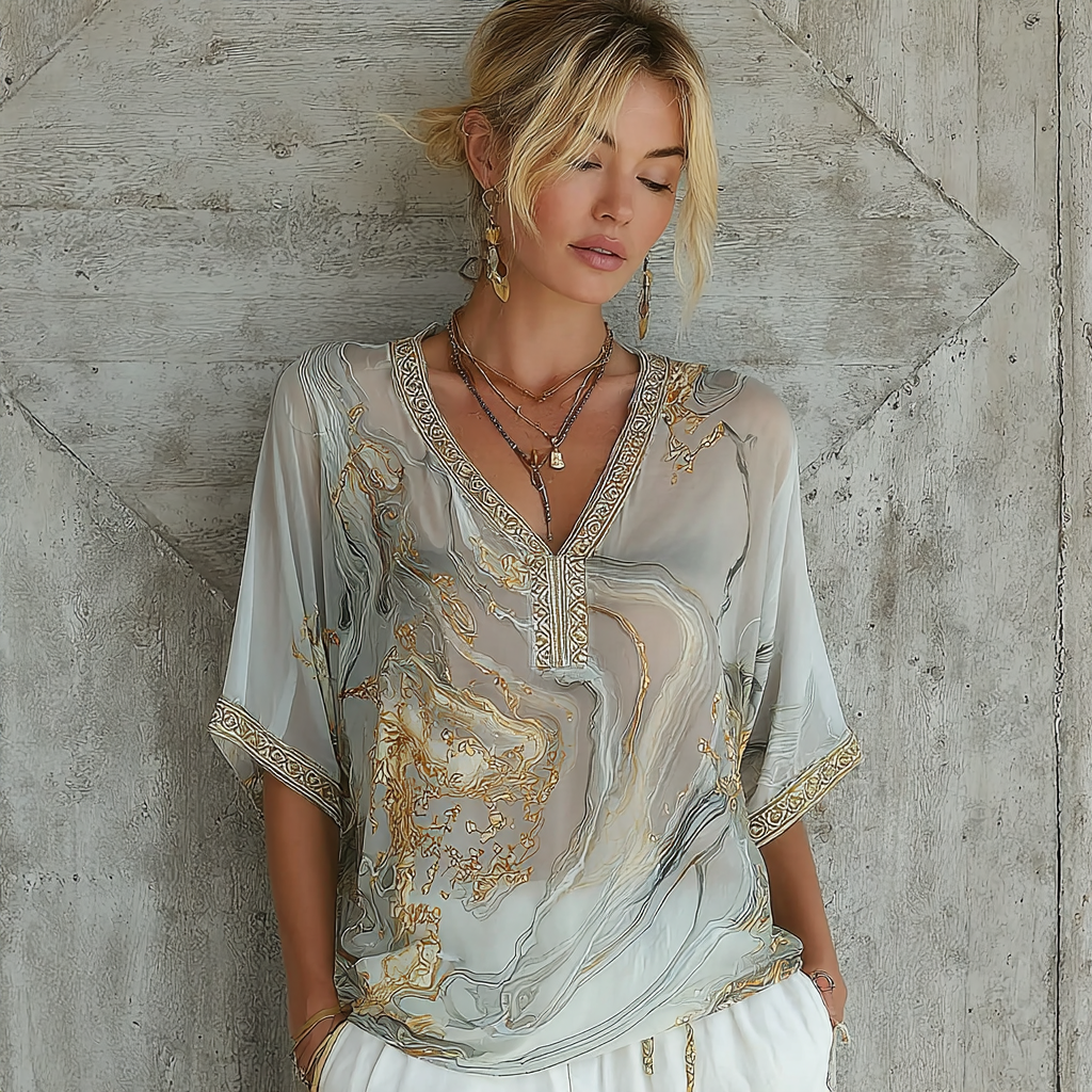 Vintage Marble Texture Collection Bohemia Women Style Gradient Gilded Pattern V Neck T-shirt