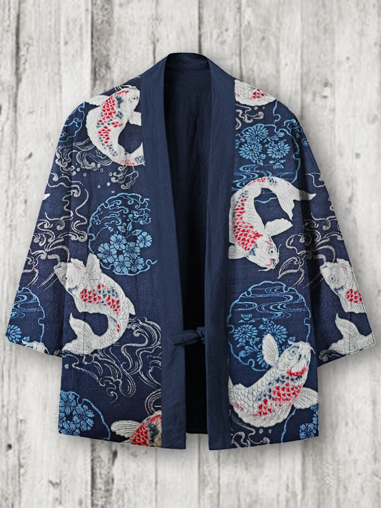 Carp Fish Sea Waves Floral Japanese Linen Blend Kimono Cardigan