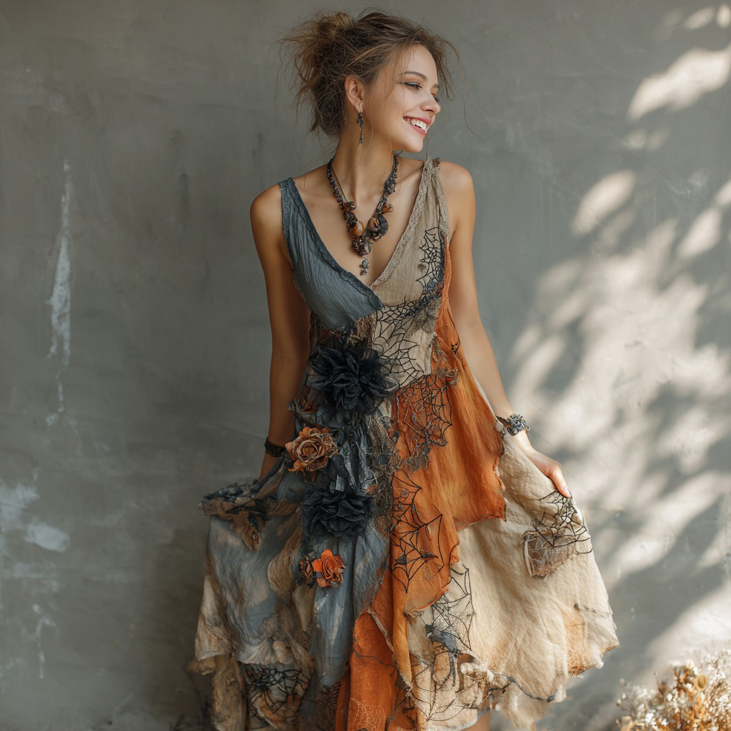 Women's Boho Witch Floral And Spider Web Sleeveless Evening Dress