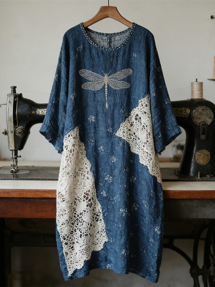 Boho Dragonfly Lace Patchwork Floral Linen Women's Long Sleeve Midi Dress