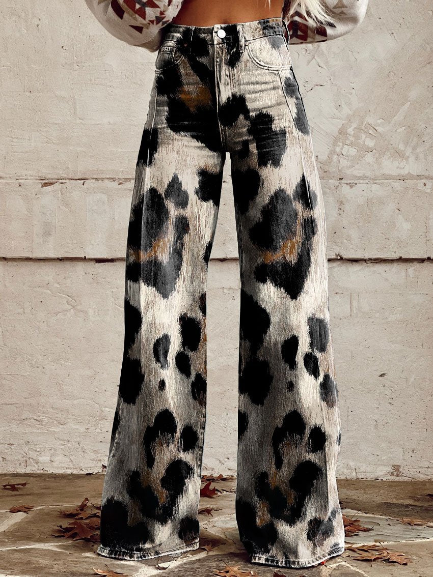 Vintage Print Casual Wide-Leg Pants