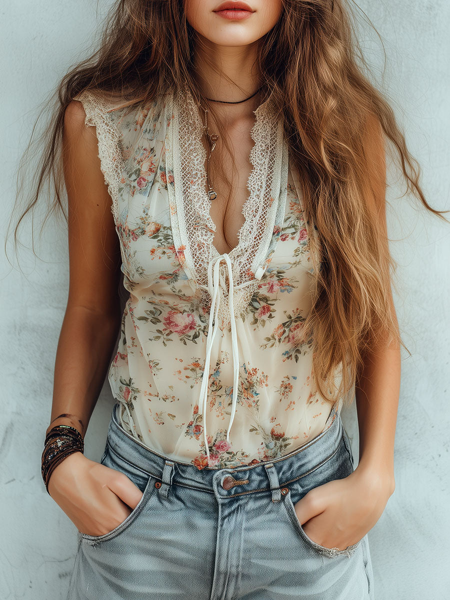 Romantic Floral Print Lace-Trim Sleeveless Chiffon Blouse