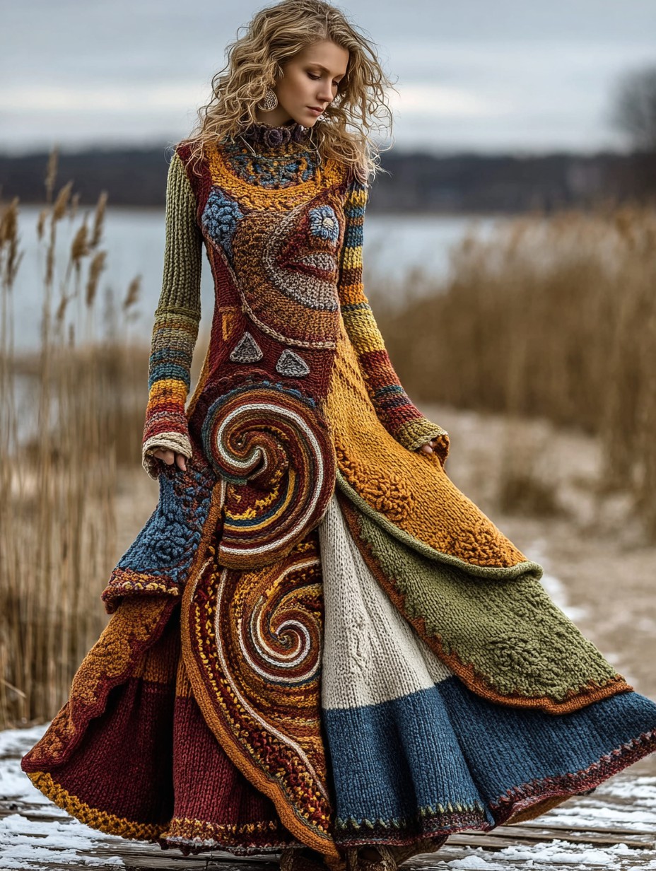 Vintage Floral Crochet Colorblock Cozy Maxi Sweater Dress