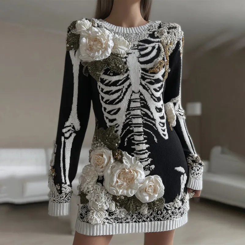 Women's Halloween Skeleton Bones With Rose Art Cozy Knit Sweater Dress
