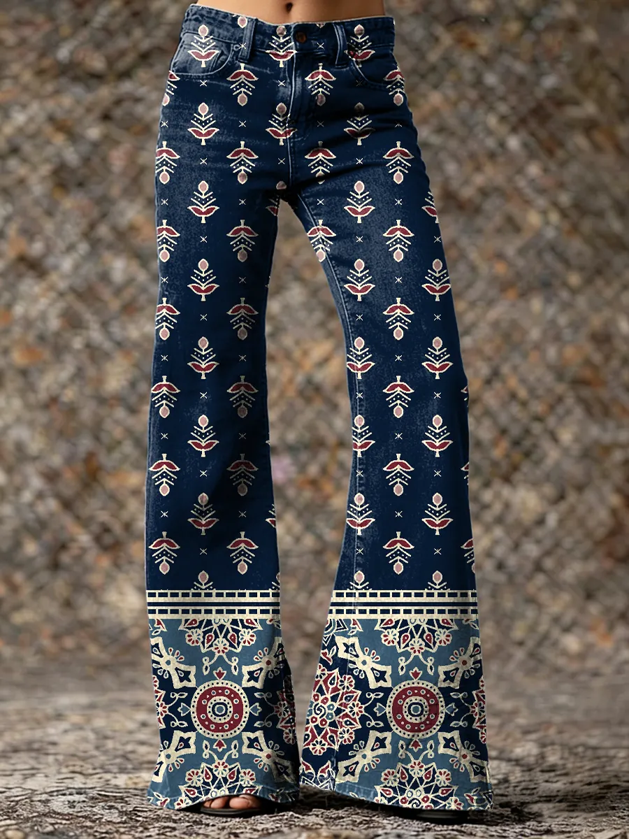 Vintage Ethnic Blue Geometric Collage Floral Art Printed Casual Slim Denim Wide Leg Pants