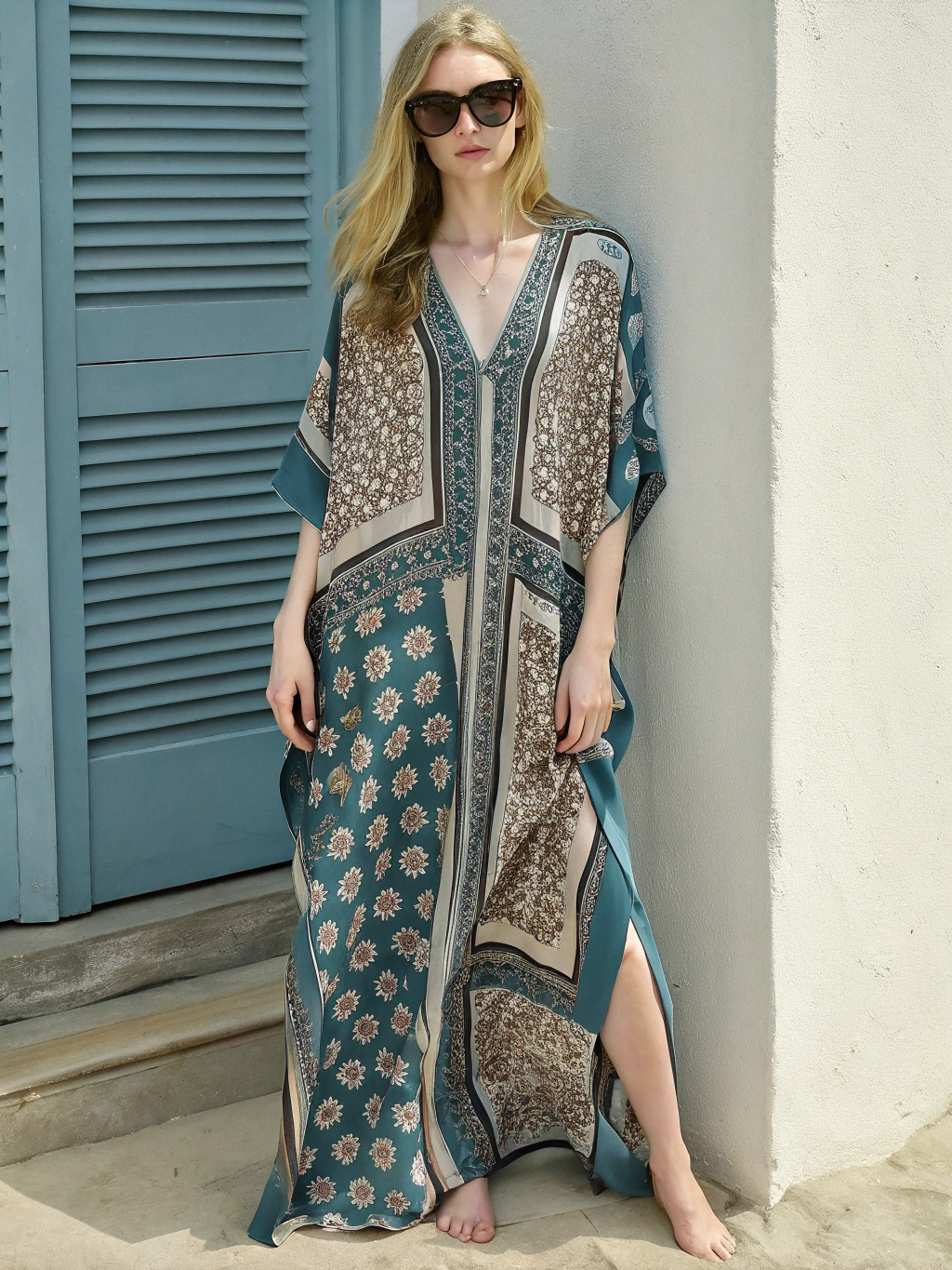 Contton & Linen Long-Sleeve Kaftan Maxi Dress