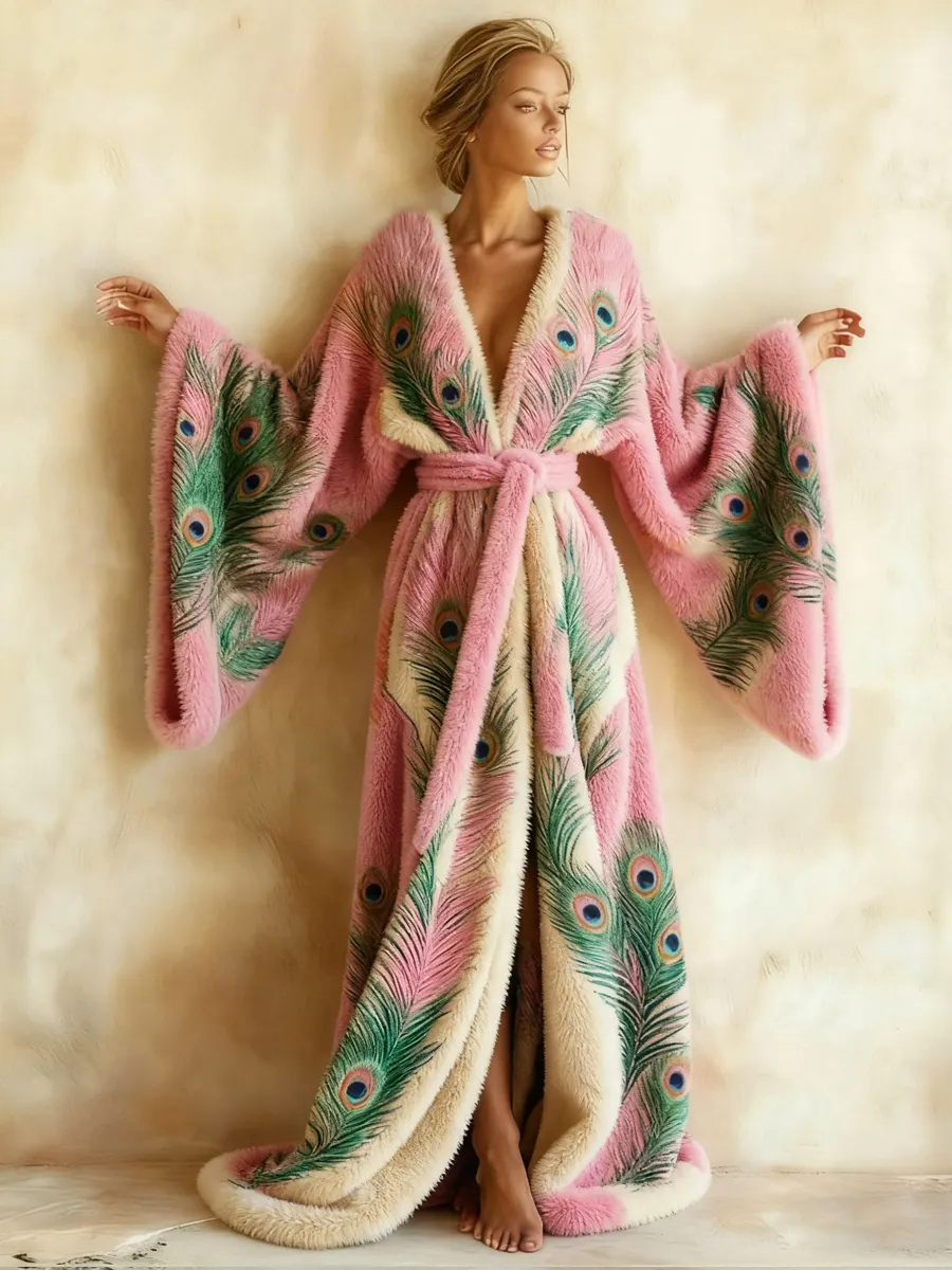 Abstract Art Print Kimono Long Gown Autumn & Winter Robe With Belt