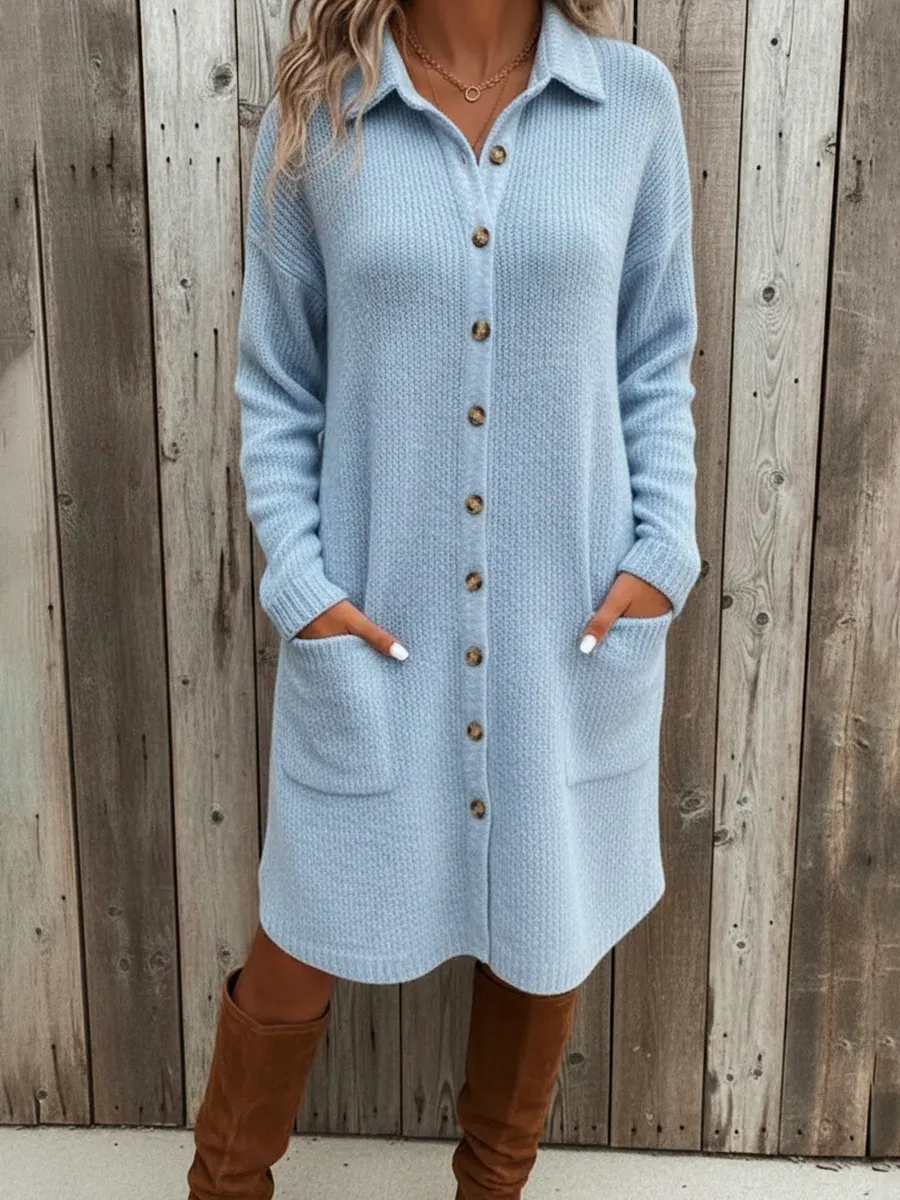 Casual Pocket Knit Midi Shirt Dress