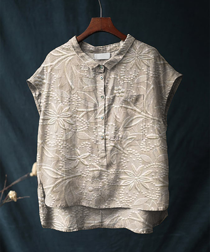 Vintage Floral Print Short-sleeved Cotton & Linen Shirt