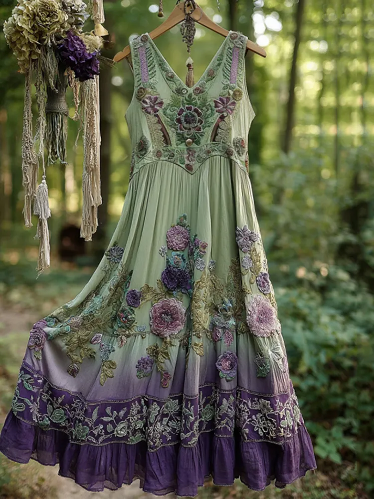 Classy Gradient Purple Lavender And Floral Embroidered Tank Dress