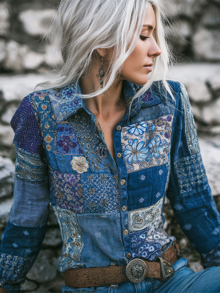 Boho Floral Geometric Thread Patchwork Embroidered Women's Vintage Linen Shirt