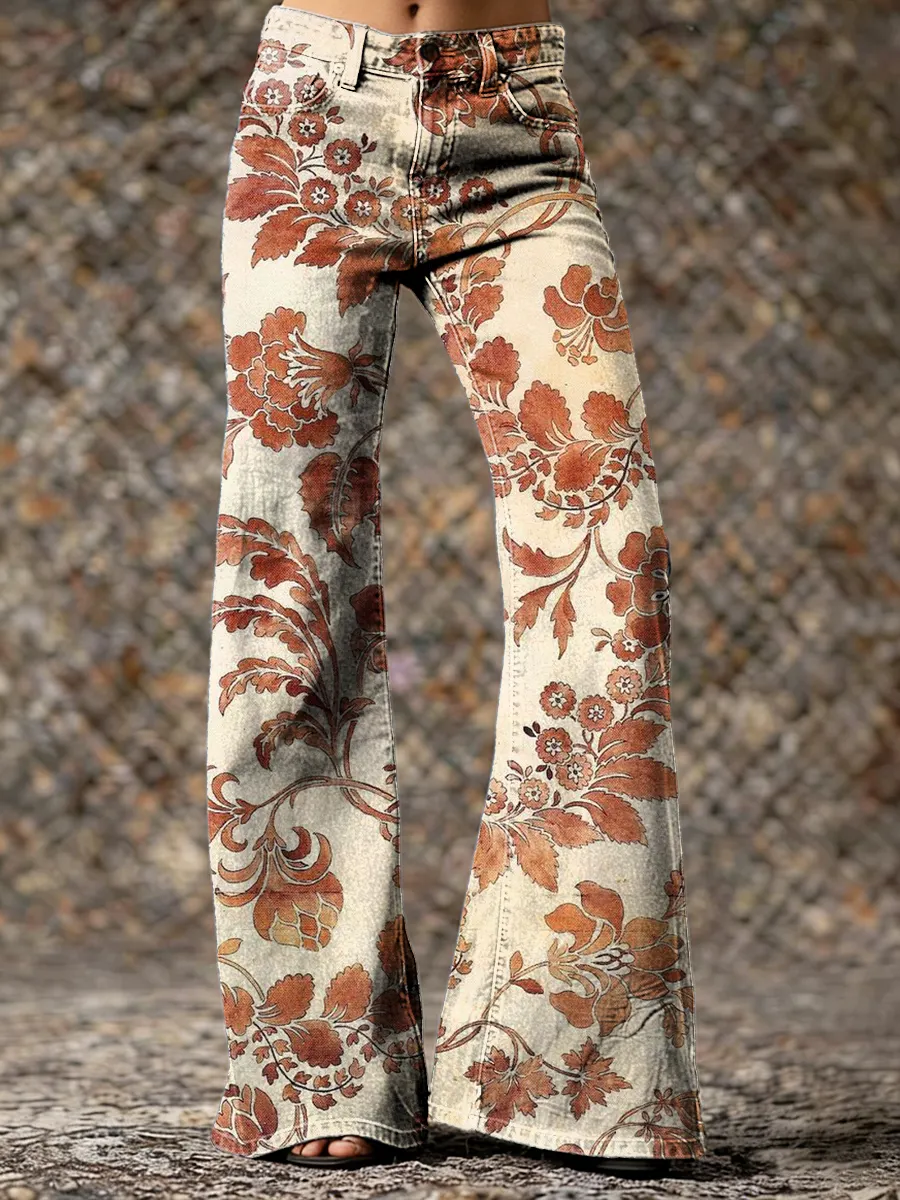 Vintage Ethnic Yellow Brown Floral Art Print Casual Slim Denim Wide Leg Pants