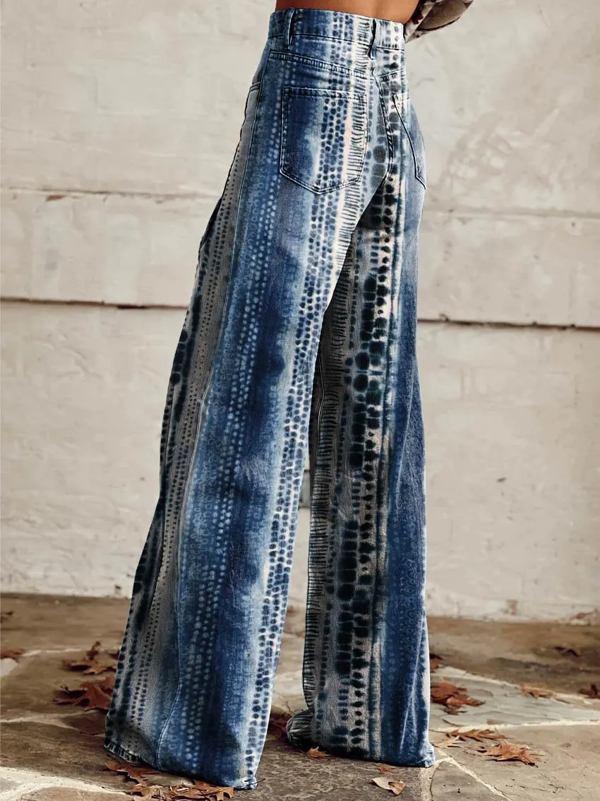 Blue Print Casual Wide-Leg Pants
