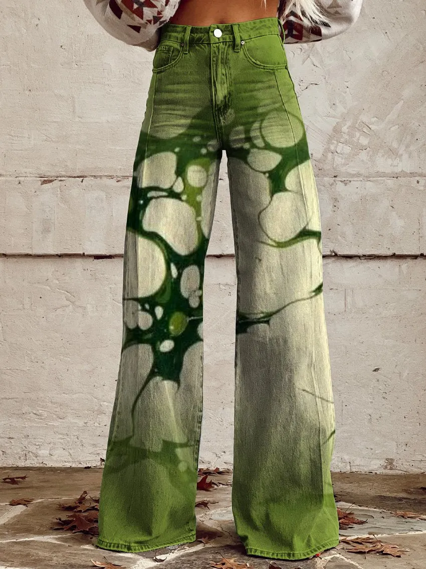 Retro Green Gradient Water Pattern Print Casual Wide-Leg Pants