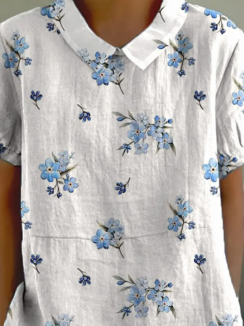 Petite Buttercup Floral Pattern Printed Women's Casual Cotton & Linen Shirt