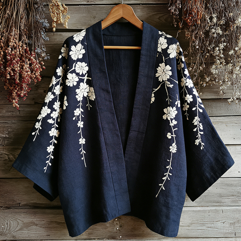 Retro Japanese Floral Art Print Cotton & Linen Blend Kimono Cardigan